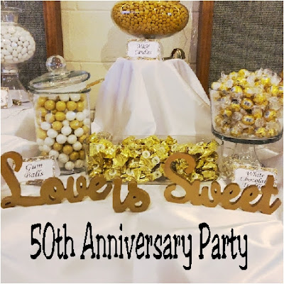 Come celebrate a beautiful 50th anniversary party where Love is Sweet.  See all the details on how we created a yummy candy table, food table, cake table, and dessert table and beautiful decor.