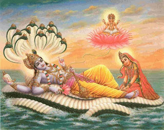 The prelude to creation according to Vishnuite belief. Vishnu is seen reclining on the serpent Ananta on the water of Nara. The lotus blossom from which Brahma will appear, to recreate the universe, is about to rise from Vishnu's navel. Painting from Rajasthan, late seventeenth century. Narodni Galerie, Prague. 