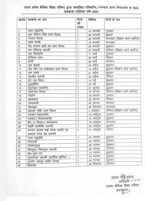 बेसिक शिक्षा परिषद ने वर्ष 2021 की अवकाश तालिका की जारी, देखें और करें डाउनलोड