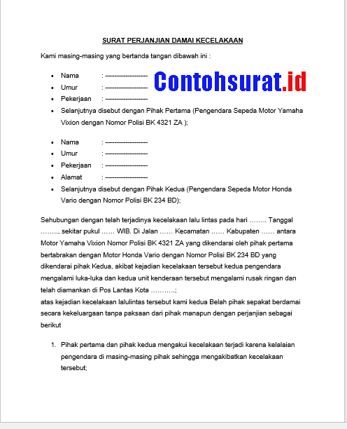 Contoh Surat Perjanjian Perdamaian Kecelakaan Terbaru