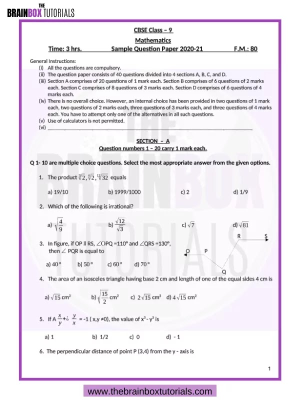Cbse Class 9 Mathematics Sample Paper For 21 Free Pdf