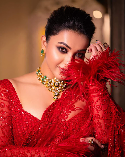 Koushani Mukherjee looking ravishing in a red saree, showcasing her hot photoshoot stills with confidence and grace.