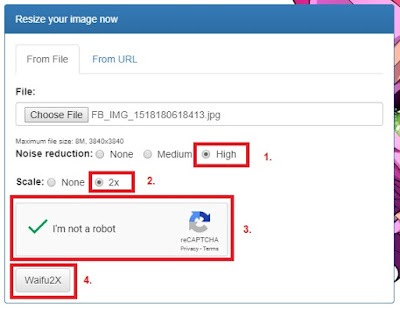 Untuk settingannya, pilih High pada Noise Reduction dan pada Scale pilih 2X. Jangan lupa klik reCAPTCHA nya. Jika sudah klik Waifu2X.