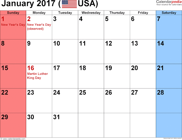 January 2017 Calendar Printable