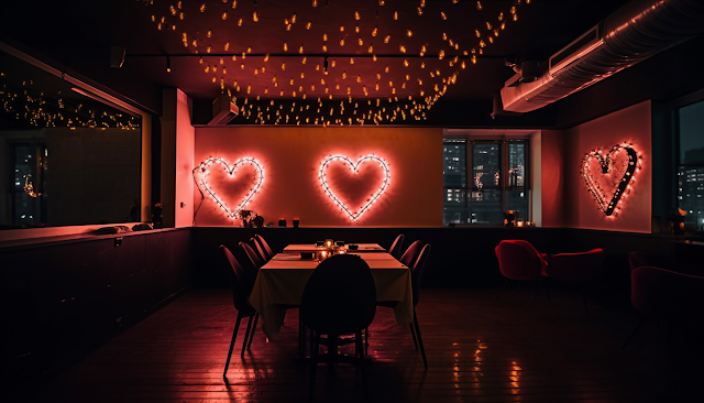 inside a restaurant with a romantic ambiance with heart-shaped LED light strips with no people