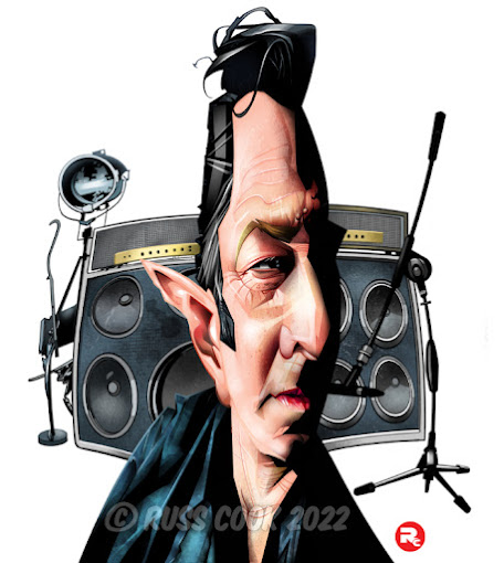 Digital caricature portrait of The Clash' lead singer and guitarist, Joe Strummer, created by Russ Cook