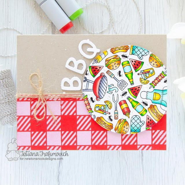 Summer BBQ card by Tatiana Trafimovich | BBQ Roundabout Stamp Set and Gingham Stencil by Newton's Nook Designs #newtonsnook