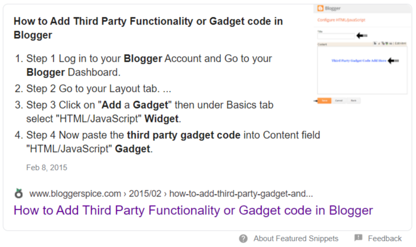 Featured snippets of bloggerspice website