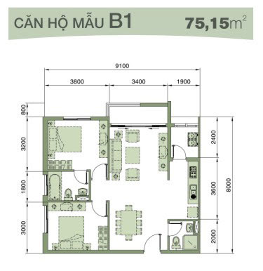 Căn hộ An Viên loại B1 : 75,15m2