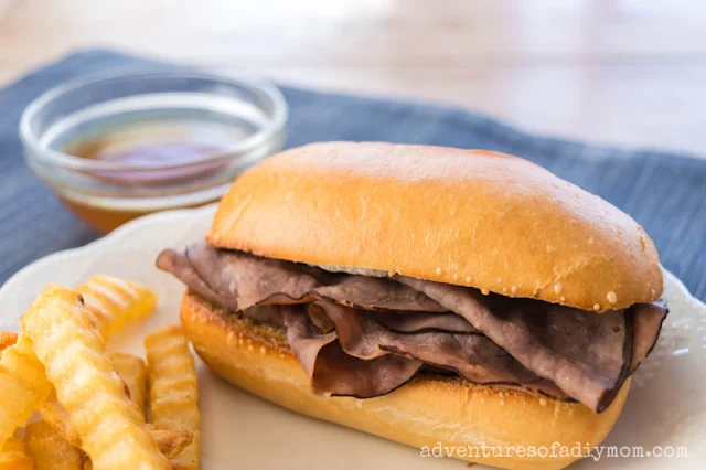 roast beef sandwich, fries and aus jus