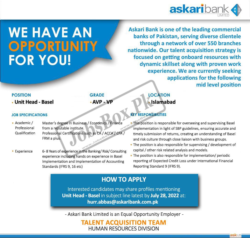 Askari Bank Jobs 2022 Latest Advertisement