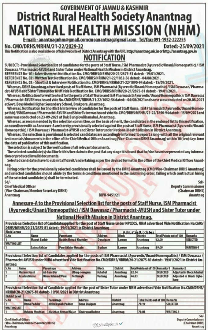 NHM Selection List for Various Posts [Anantnag] | Check Here