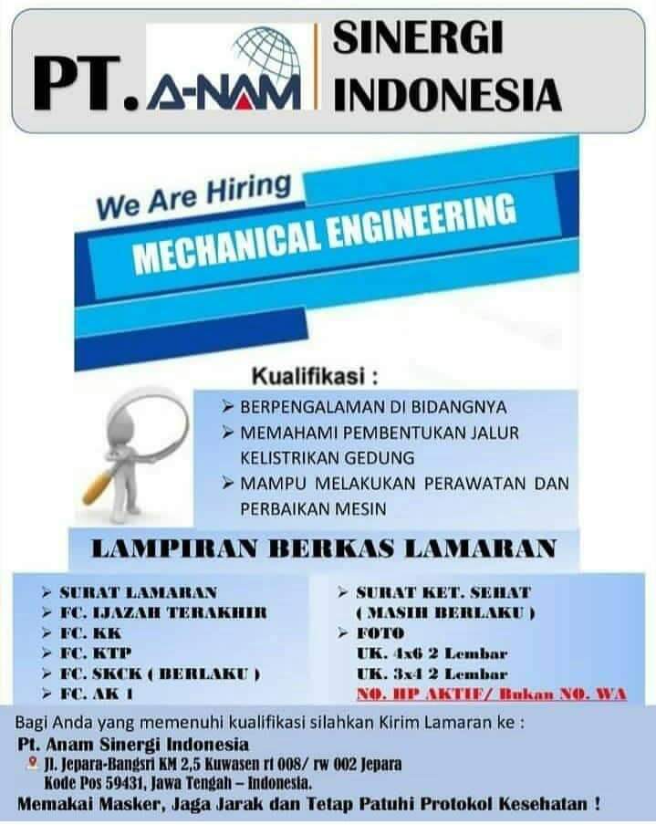 Lowongan Kerja Jepara di PT ANAM Sinergi Indonesia Untuk Posisi Mechanical Engineering