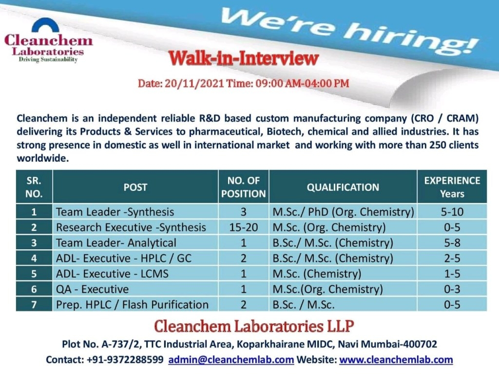 Job Availables,Cleanchem Laboratories LLP Walk-In-Interview For BSc/ MSc(Chemistry/ Organic Chemistry)/ Ph.D.