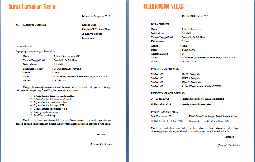 Contoh CV Lamaran Kerja Bagi Pemula - ben jobs