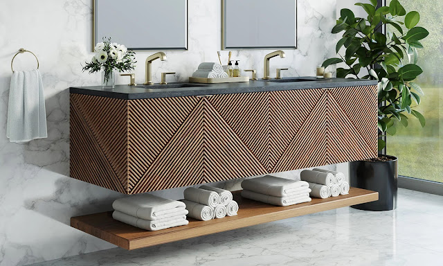 A unique wood wall hung vanity placed lower on the wall for accessibility.