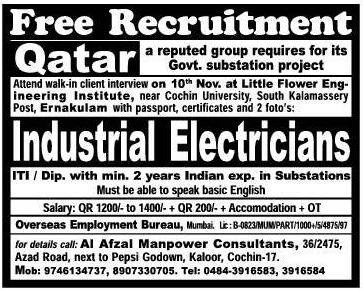 Industrial Electricians Free Recruitment for Qatar