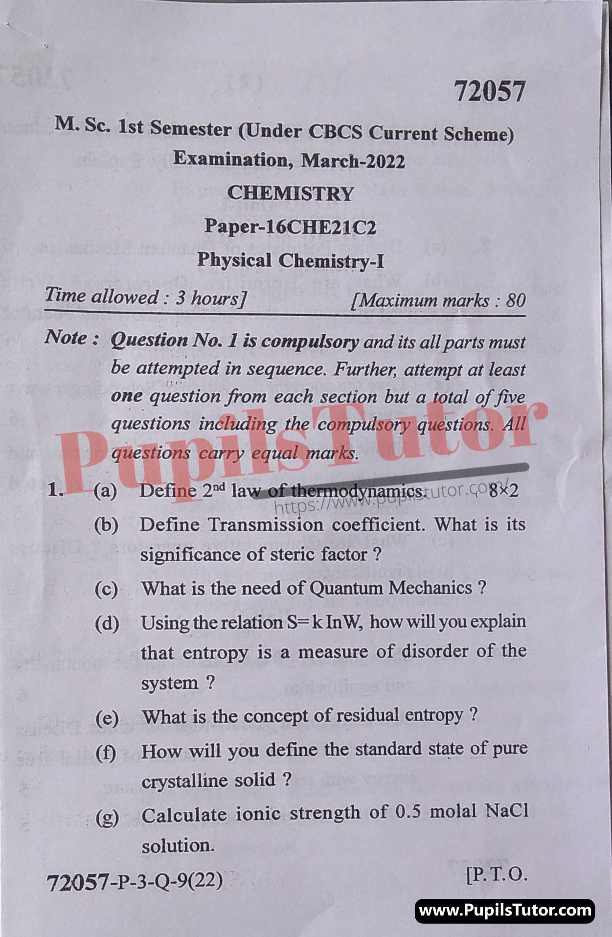 MDU (Maharshi Dayanand University, Rohtak Haryana) MSc Chemistry CBCS Scheme First Semester Previous Year Physical Chemistry Question Paper For March, 2022 Exam (Question Paper Page 1) - pupilstutor.com