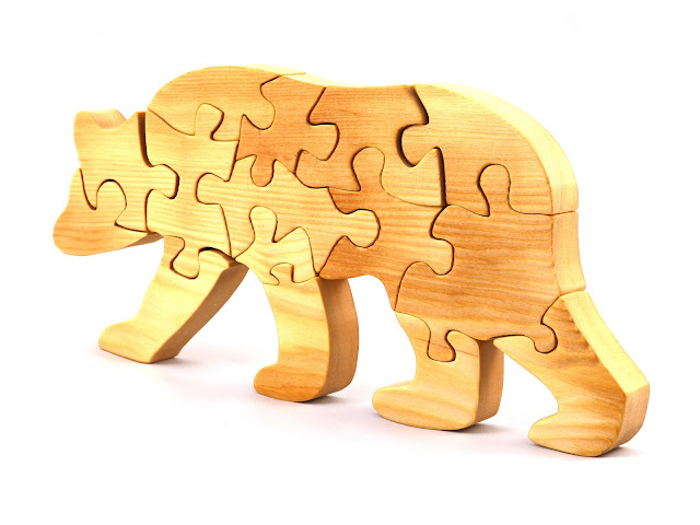 Wood Bear Puzzle, Handmade and Finished with Mineral Oil and Beeswax, Freestanding with 15 Interlocking Pieces