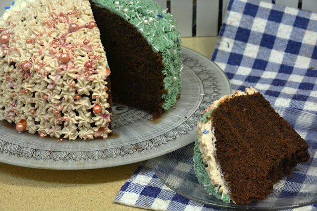 slice of chocolate cake from frozen rotating cake