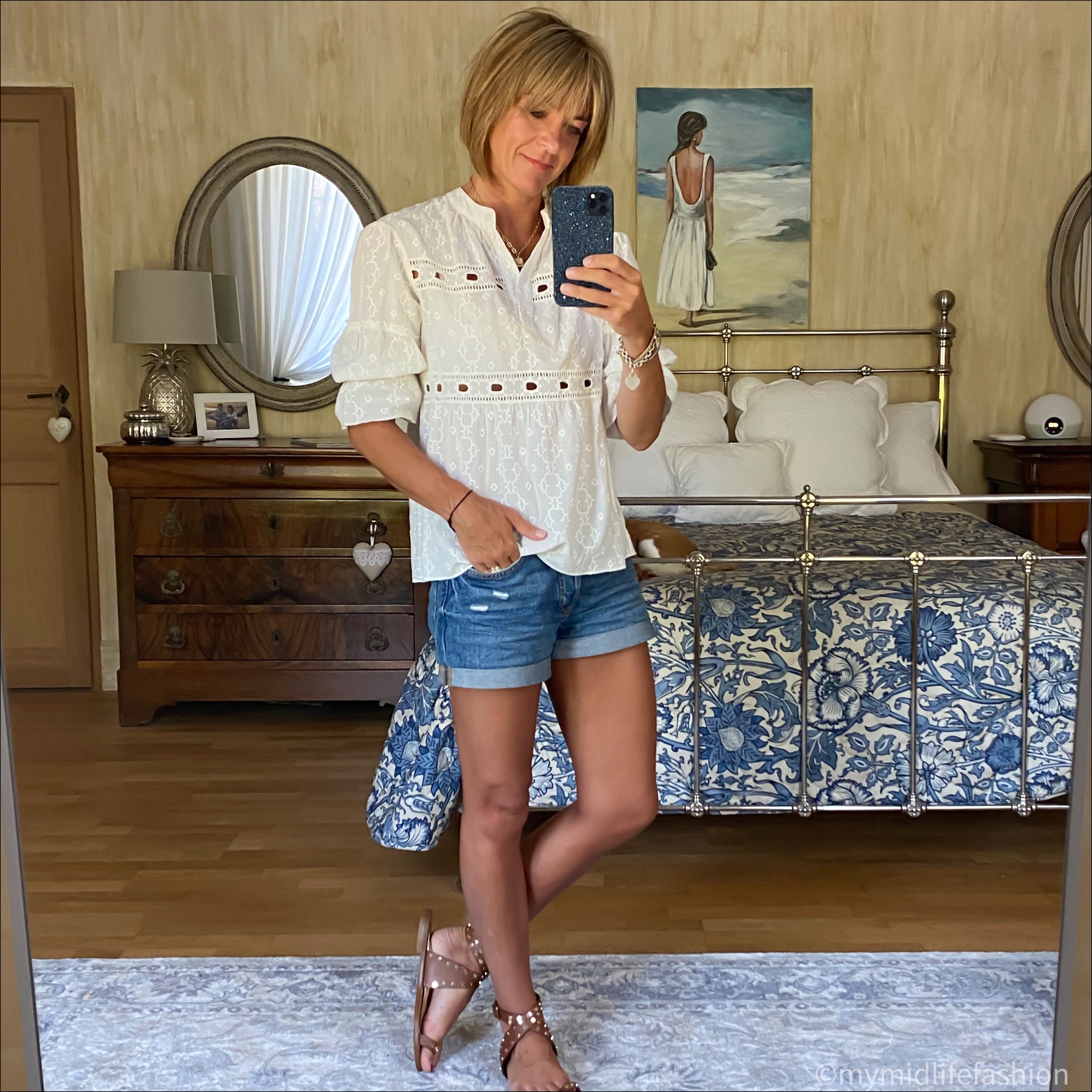 my midlife fashion, broderie anglaise blouse, h and m boyfriend denim shorts, basalt studded sandals