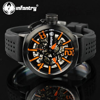 Mens Infantry Luxury Semi-Auto Skeleton Hand-Winding Mechanical Wristwatch Watch