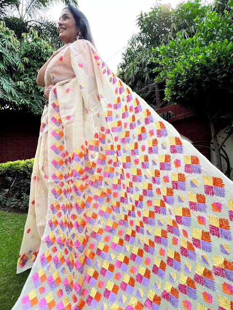 Hand embroidered Phulkari saree. Unique colours brilliantly put together