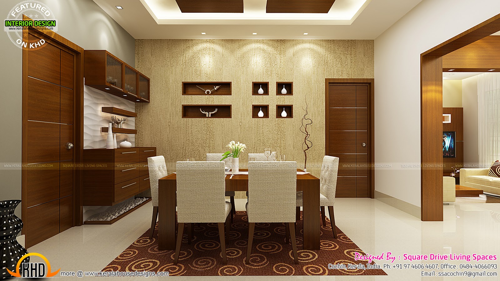 Contemporary kitchen, dining and living room  Kerala home 