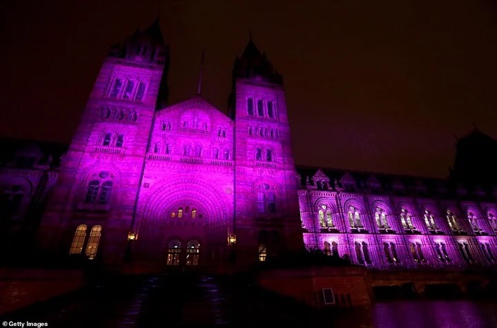 British landmarks are lit in purple due to the Holocaust. Pictures