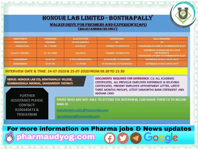 Honour Labs | Walk-in at Hyderabad for Multiple departments on 24&25 July 2020