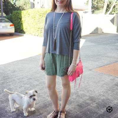 awayfromblue instagram | SAHM style long sleeve grey tee with olive embroidered shorts pink bag Cooper