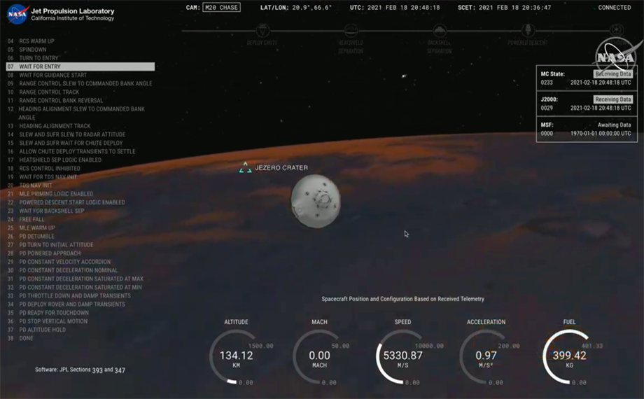 Perseverance spacecraft prepares to enter the Martian atmosphere. NASA/JPL, 2021.