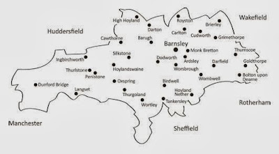 An outline map of the Barnsley Metropolitan Borough Council area with various townships pinpointed.