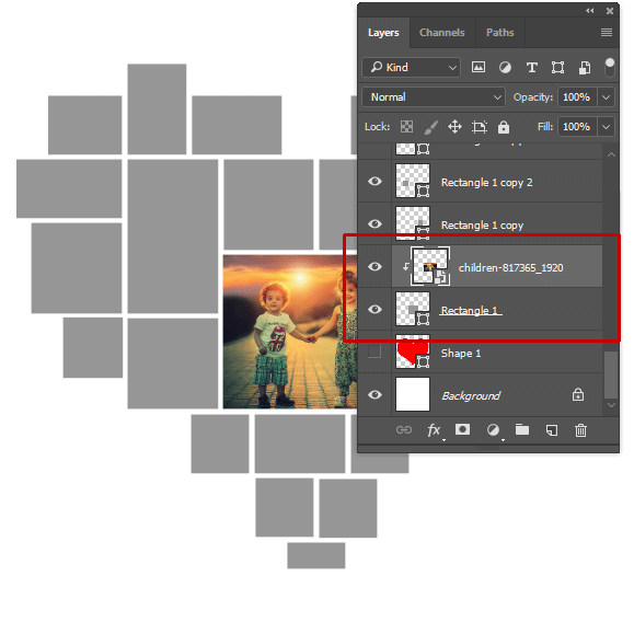 The content of the Rectangle layer, clips the image layer.