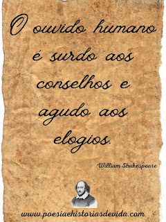 Foto imagem de William Shakespeare e frase sobre o ouvido humano.