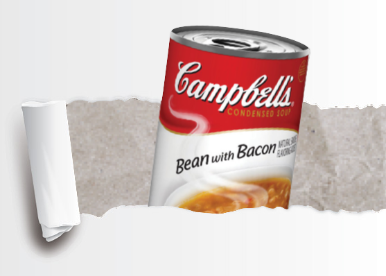 White paper torn back to reveal can of Campbell's Bean with Bacon soup