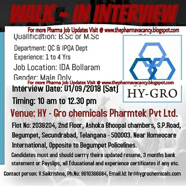 HY-GRO CHEMICALS - Walk-In for QC & IPQA | 1st September, 2018 | Hyderabad