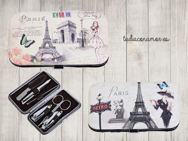 Detalle femenino de estilo retro vintage parisino con motivos e ilustraciones de la Torre Eiffel, bonito set de manicura