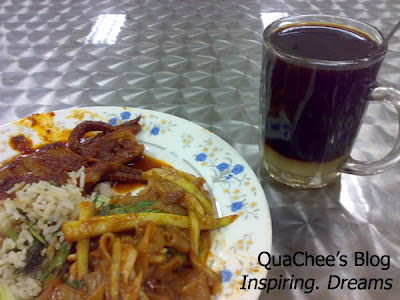 kuay teow, fried rice, sotong, kopi 