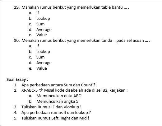 Contoh Soal Excel Pilihan Ganda dan Essay - Belajar Excel