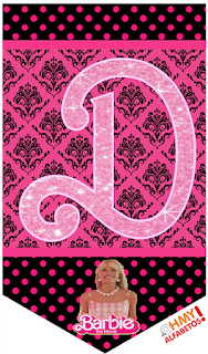 Barbie Movie: Free Printable Bunting with Sparkling Pink Glitter Letters and Numbers. Barbie la Película: Banderines para Descargar Gratis con Letras y Números en Brillantina Rosa-