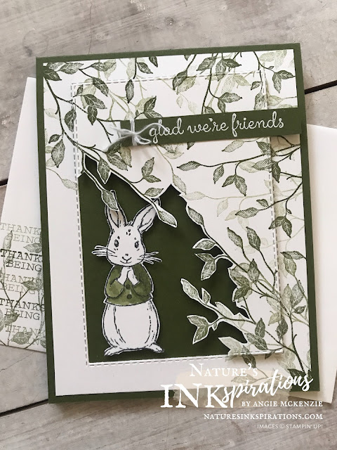 By Angie McKenzie for Kre8tors Blog Hop; Click READ or VISIT to go to my blog for details! Featuring the Fable Friends and Very Versailles stamp sets by Stampin' Up!;  #fablefriendsstampset #veryversaillesstampset #stitchedrectangledies #naturesinkspirations #coloringwithblends #stampinblendsmarkers #makingotherssmileonecreationatatime #cardtechniques #stampinup #handmadecards #fussycutting #friendshipcards #kre8torsbloghop #monochromaticgreen 