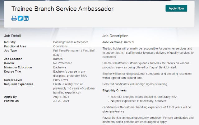 Faysal Bank Jobs 2021 for Trainee Branch Service Ambassador