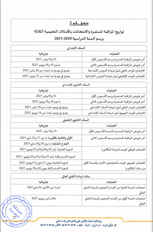 مواعيد إجراء فروض المراقبة المستمرة 2020/2021