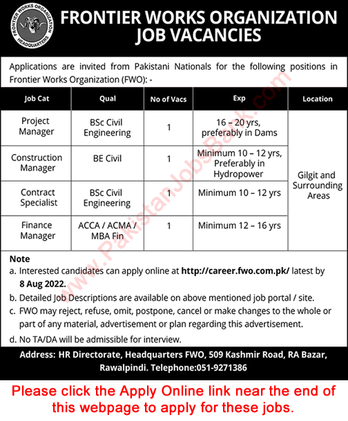 FWO Jobs July 2022 Apply Online Construction Manager and Others Latest Jobs/ Station Jobs Techjobstrace