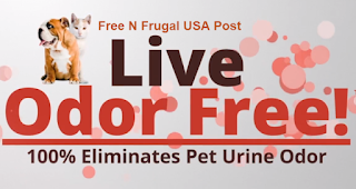 Image shows cat hiding behind dog Text reads: USA Free N Frugal Post Live Odor Free Link opens in a new tab on affiliate's product page 100% Eliminated Pet Urine Odor