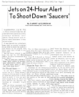 UFO article by The San Francisco Examiner entitled, Jets On 24-Hour Alert To Shoot Down 'Saucers'