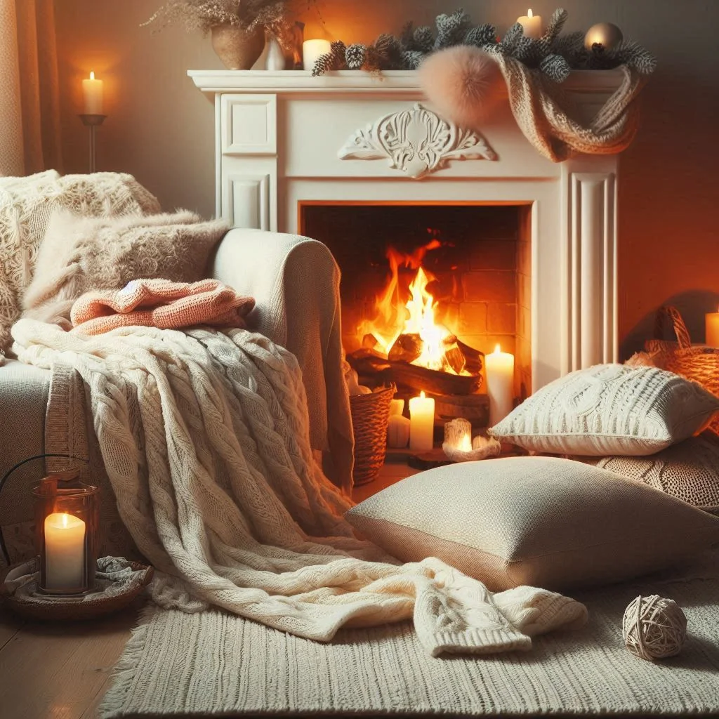 Cozy winter scene with a fireplace, soft blankets, and winter clothing.