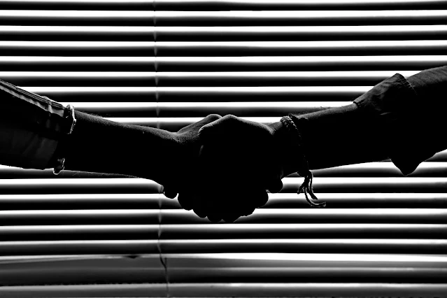 Black and white image of two hands shaking against a background of horizontal blinds. The mood is formal, suggesting cooperation or agreement.