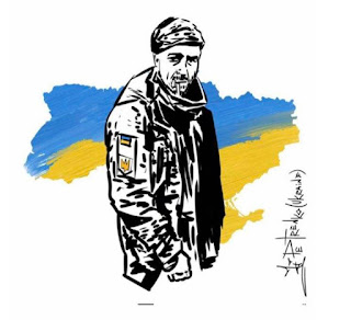 timofiy shadura on a background of the Ukrainian flag in the shape of Ukraine